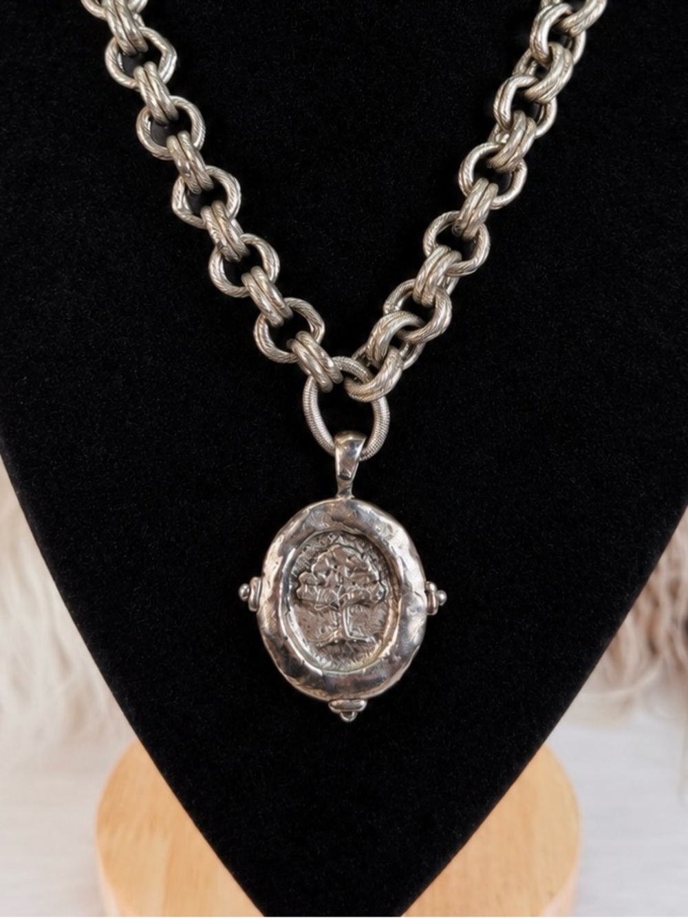 Vintage aged weighted, chunky, silvertone chain tree pendant, signed SS